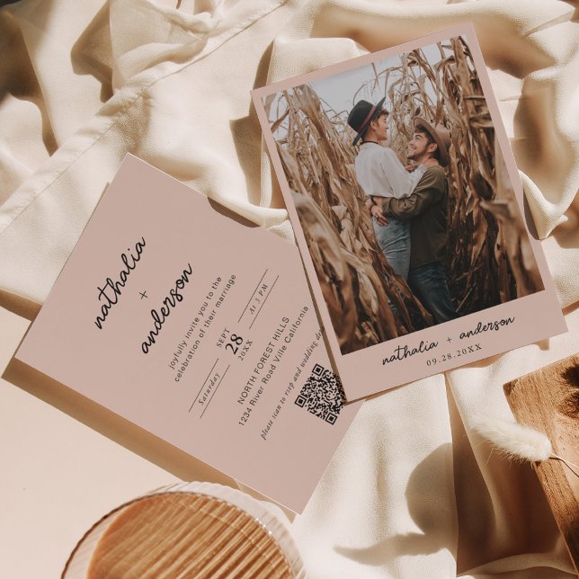 Invitación Guión moderno Boho Beige Foto Boda de código QR (Subido por el creador)