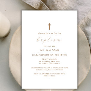 Invitación Guión moderno Boho Gold Cross Baptism