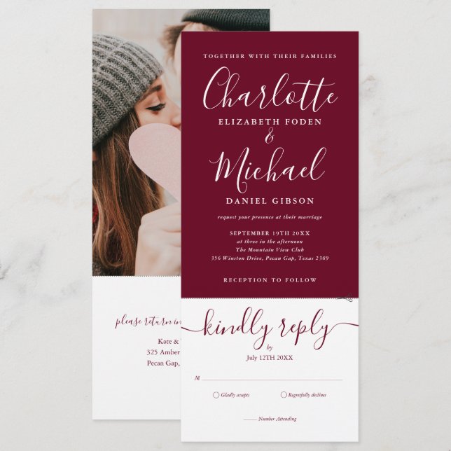 Invitación Guión moderno Borgoña todo en un Boda de fotos  (Anverso / Reverso)