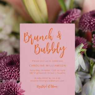 Invitación Guión moderno Brunch Bubbly Shower Rosa Naranja