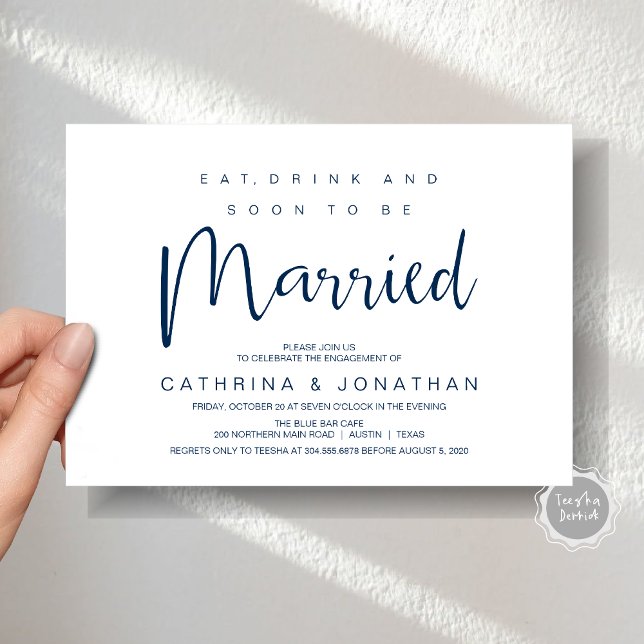 Invitación Guión moderno, celebración del Fiesta de la cena d (Modern Script, Engagement Dinner Party Invitation Card, Eat, Drink, Soon To Be Married, Navy Blue)