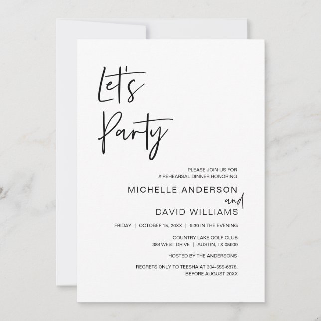 Invitación Guión moderno, cena de ensayo e invitati Fiesta (Anverso)