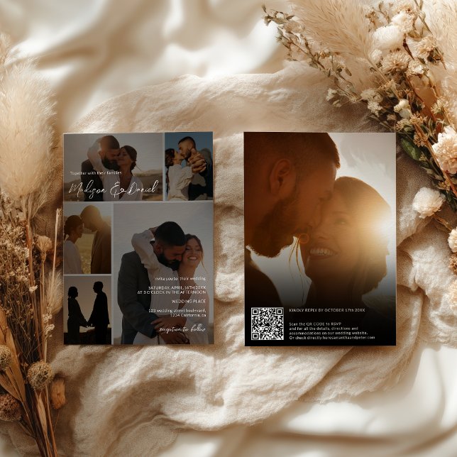 Invitación Guión moderno Código Qr Nombres 6-Boda de cuadrícu (Modern Script Qr code Names 6-Photo Grid Wedding Invitation)