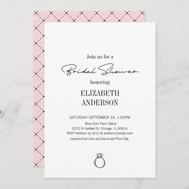 Invitación Guión moderno con ducha de novia en anillo (Anverso / Reverso)
