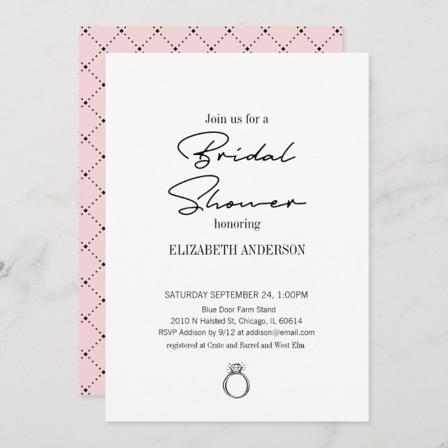 Invitación Guión moderno con ducha de novia en anillo (Anverso / Reverso)