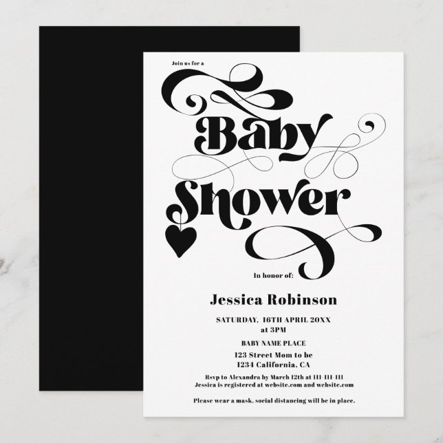 Invitación Guión moderno de corazón blanco negro negrita duch (Anverso / Reverso)