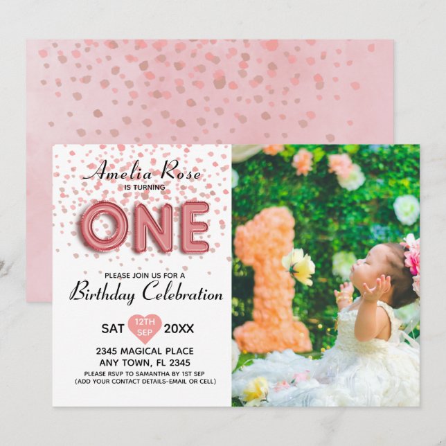 Invitación Guión moderno de globo de confeti rosado de primer (Anverso / Reverso)