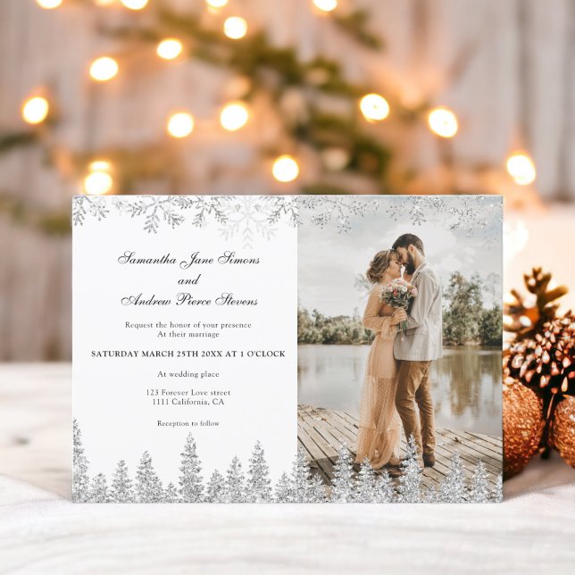 Invitación Guión moderno de nieve de invierno de plata 1 boda (Modern silver winter snow script 1 photo wedding invitation)