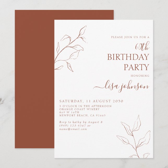 Invitación Guión moderno de terracota Botánico 60 cumpleaños (Anverso / Reverso)
