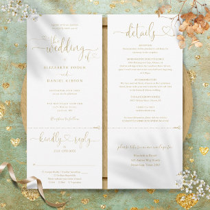 Invitación Guión moderno del corazón dorado todo en un Boda