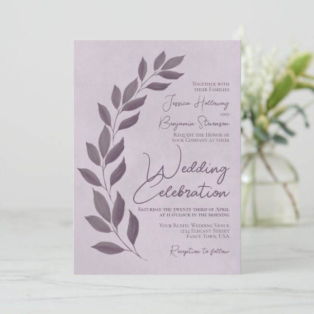Invitación Guión moderno Dusty Purple Heather deja al Boda (Anverso de pie)