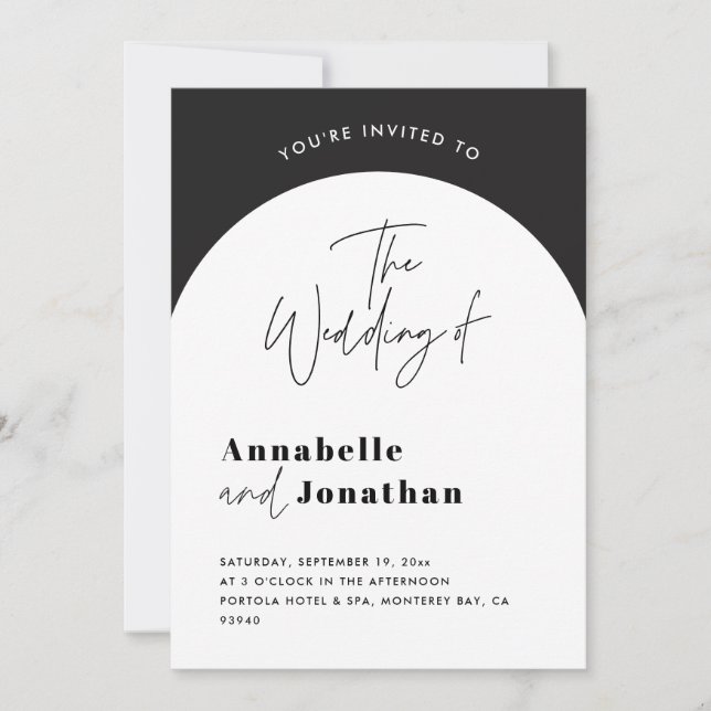 Invitación guión moderno elegante boda de arco blanco y negro (Anverso)