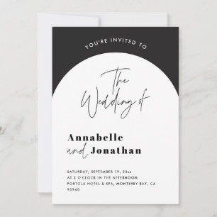 Invitación guión moderno elegante boda de arco blanco y negro