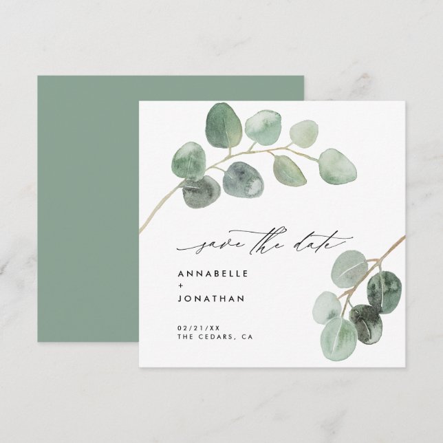 Invitación Guión moderno elegante vintage no foto eucalipto (Anverso / Reverso)