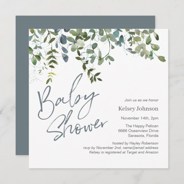 Invitación Guión moderno Eucalyptus Greenery Script Baby Show (Anverso / Reverso)