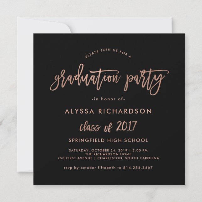 Invitación Guión moderno | Fiesta de graduación Faux Rosa Gol (Anverso)