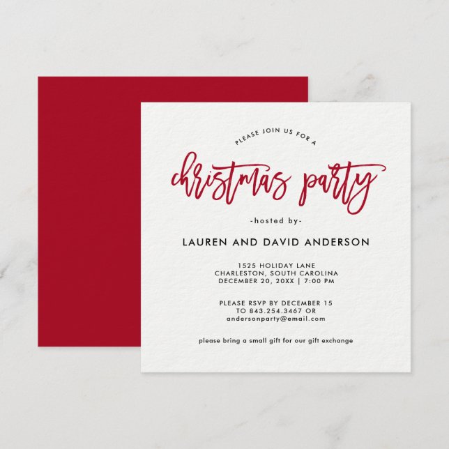 Invitación Guión moderno | Fiesta de Navidades rojos y blanco (Anverso / Reverso)