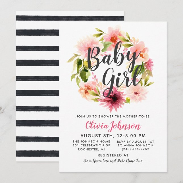 Invitación Guión moderno Floral rosa Wreath Beber Ducha (Anverso / Reverso)