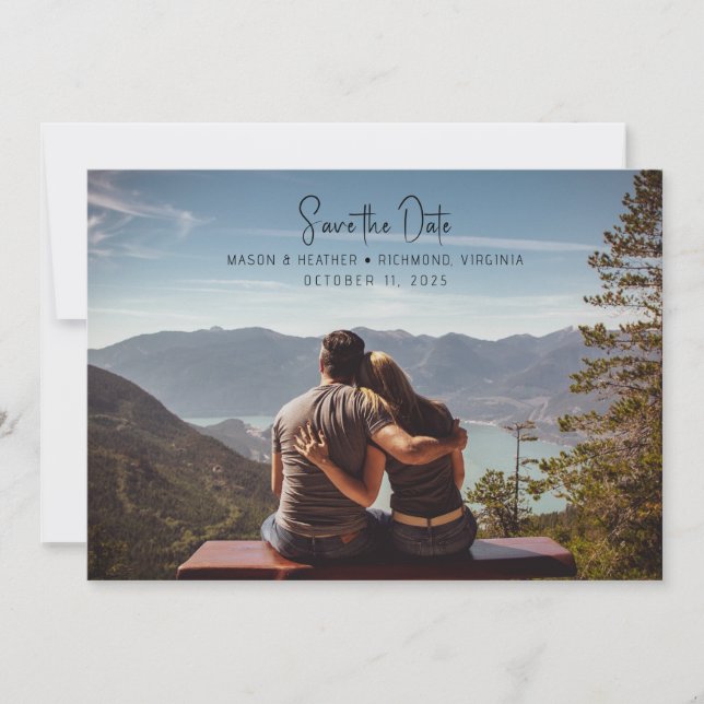 Invitación Guión moderno Foto completa Guardar la fecha (Anverso)