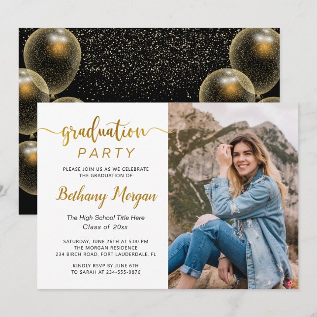 Invitación Guión moderno Foto de graduación de globo de oro n (Anverso / Reverso)