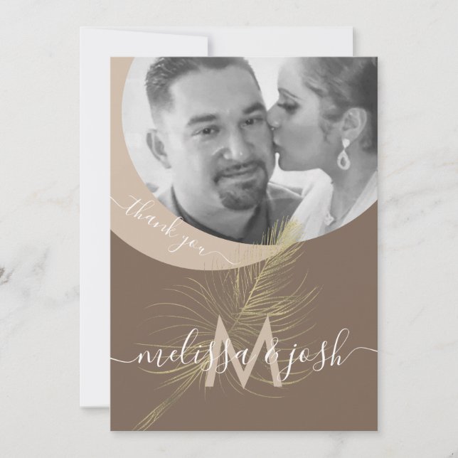 Invitación Guión moderno Gracias Bodas Pluma Dorada (Anverso)