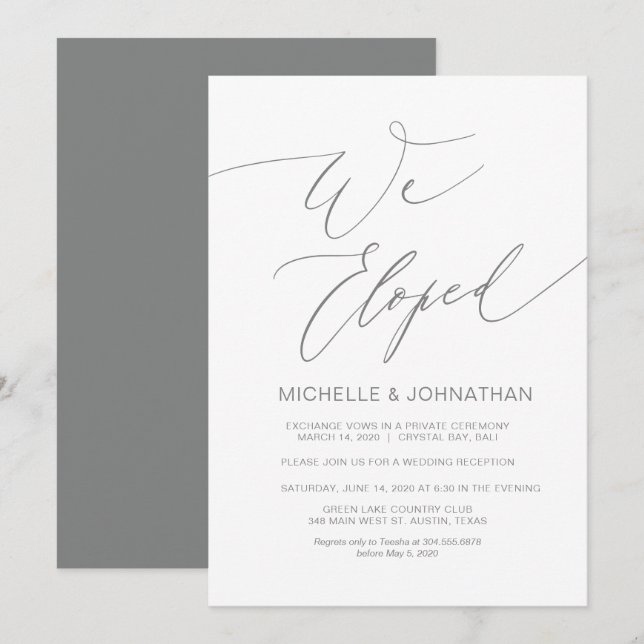 Invitación Guión moderno, gris, boda Elopement Recepción (Anverso / Reverso)