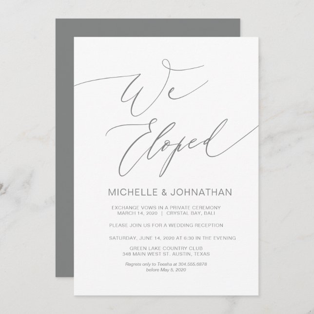 Invitación Guión moderno, gris, boda escapada recepción (Anverso / Reverso)