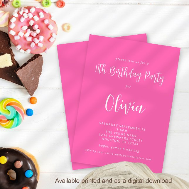Invitación Guión moderno Hot Pink 11th Birthday Party (Available digitally and printed)
