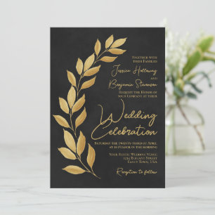 Invitación Guión moderno: Las hojas de oro sobre el Boda negr