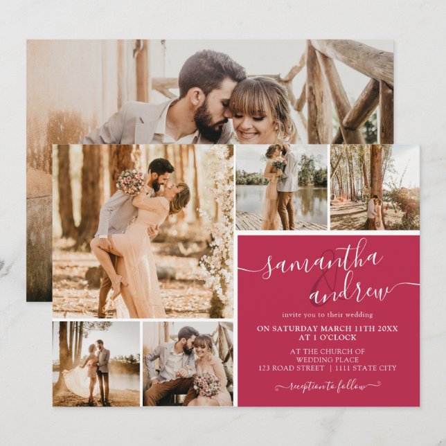 Invitación Guión moderno magenta 6 fotos boda (Anverso / Reverso)