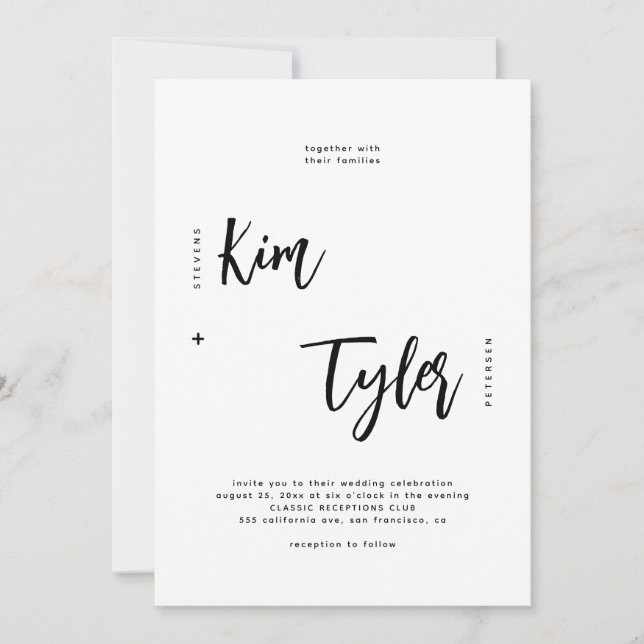 Invitación Guión moderno minimalista boda blanco y negro (Anverso)