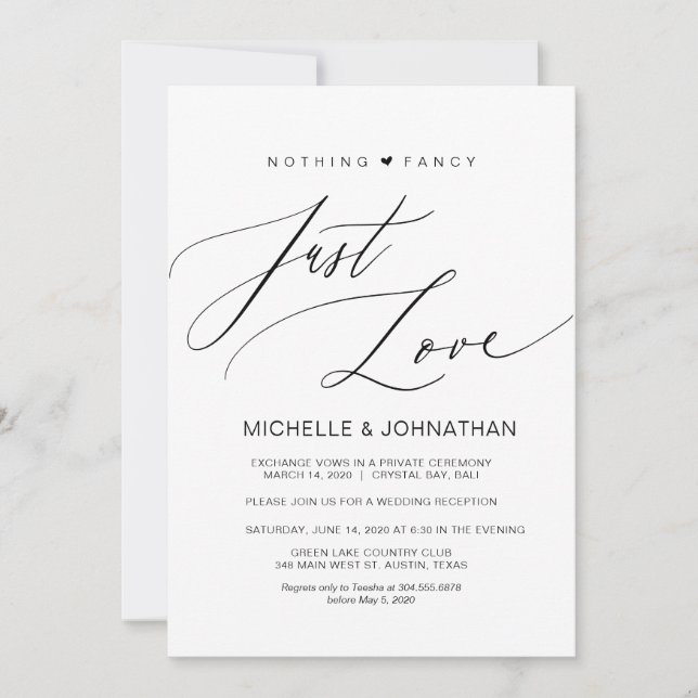 Invitación Guión moderno, negro, boda Elopement Recepción (Anverso)