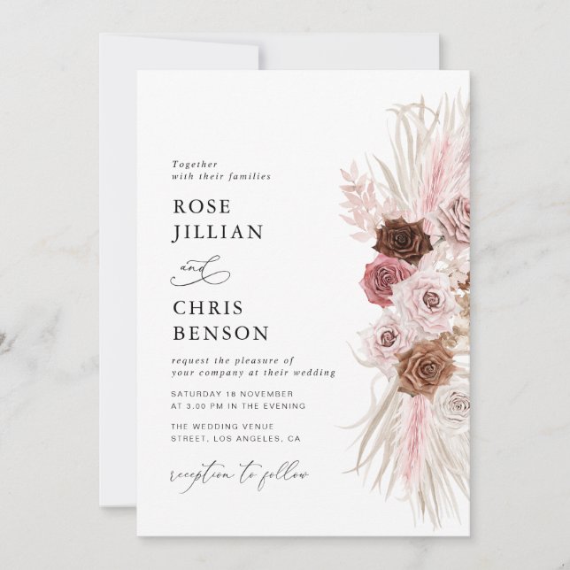 Invitación guión moderno pampas boda rosa polvoriento (Anverso)