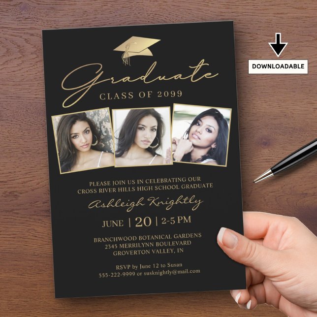 Invitación Guión moderno para graduados 3 fotos oro negro (Subido por el creador)