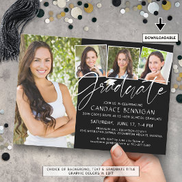 Invitación Guión moderno para graduados 4 fotos Blanco negro