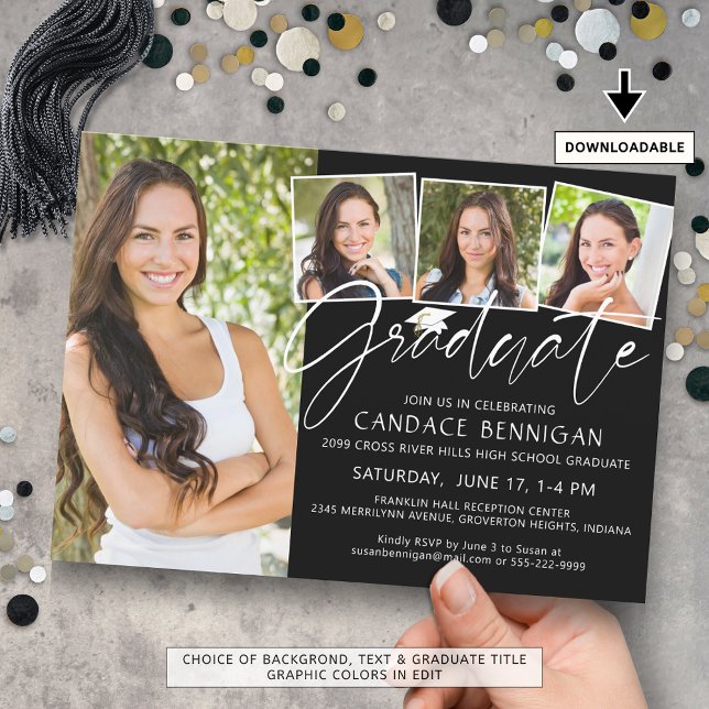 Invitación Guión moderno para graduados 4 fotos Blanco negro (Subido por el creador)