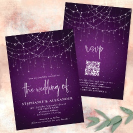 Invitación Guión moderno Purple String Luces QR Boda de códig