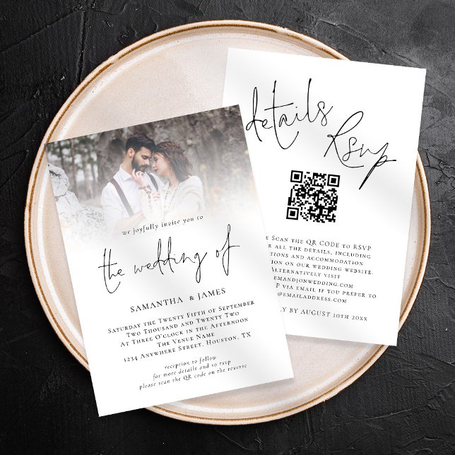 Invitación Guión moderno QR Code Photo All in One Boda (Front and back view, all in one invite, rsvp, details. Available digitally and printed)