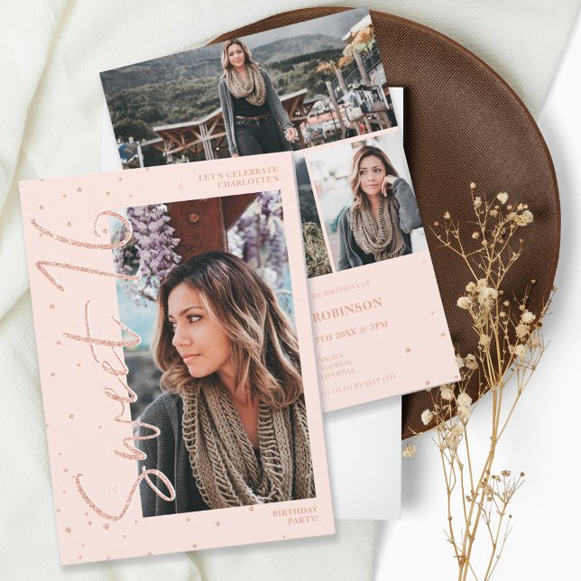 Invitación Guión moderno rosa purpurina oro 4 fotos Sweet 16 (Subido por el creador)