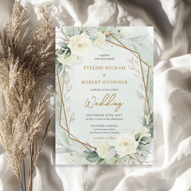 Invitación Guión moderno rosas blancas boda de eucalipto (Modern script white roses eucalyptus wedding invitation)