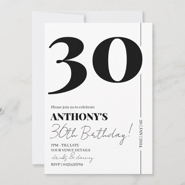Invitación Guión moderno Simple 30 Fiesta de cumpleaños (Anverso)