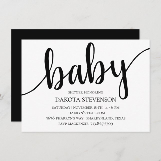 Invitación Guión moderno simple | Flourish Script Baby Shower (Anverso / Reverso)