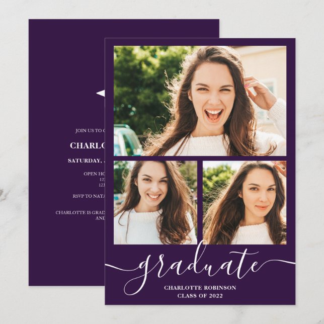Invitación Guión morado 3 fotos graduación (Anverso / Reverso)