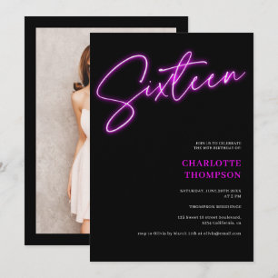 Invitación Guión morado del neón de Guay retro foto negro Swe