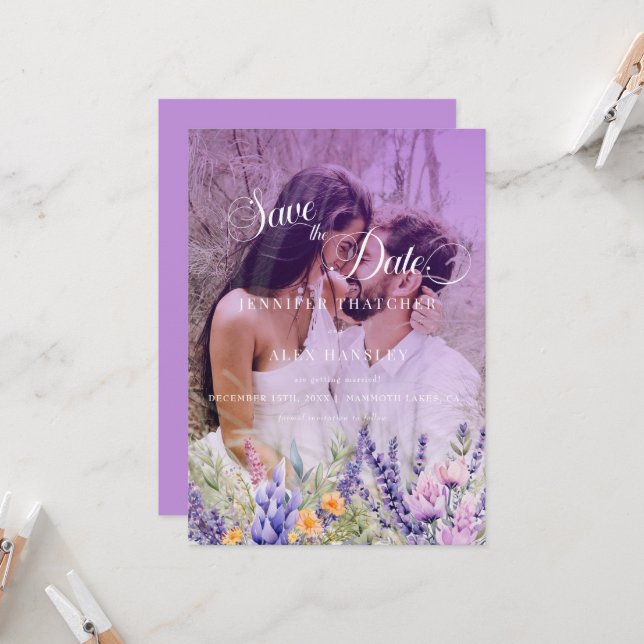 Invitación Guión morado floral | Boda fotográfica Guardar la  (Anverso/Reverso In Situ)