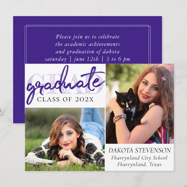 Invitación Guión morado graduado | Moda Lavender 2 Foto (Anverso / Reverso)