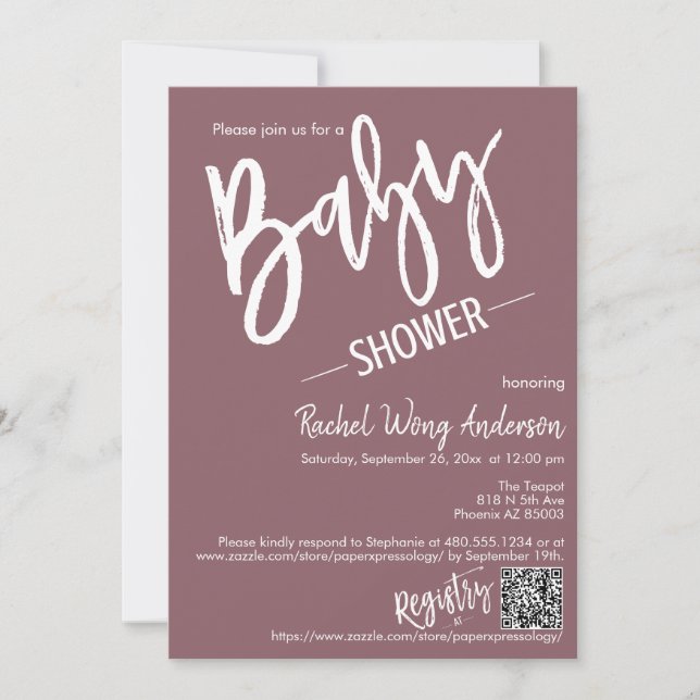 Invitación Guión morado seco Baby Shower QR Code Photo (Anverso)