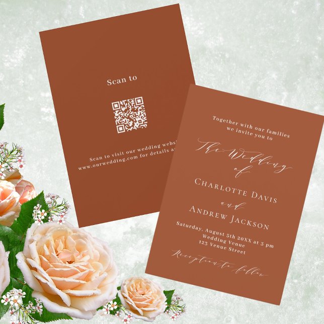 Invitación Guión naranja quemado código QR moderno boda RSVP (Subido por el creador)