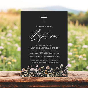 Invitación Guión negro de flor salvaje de bautismo