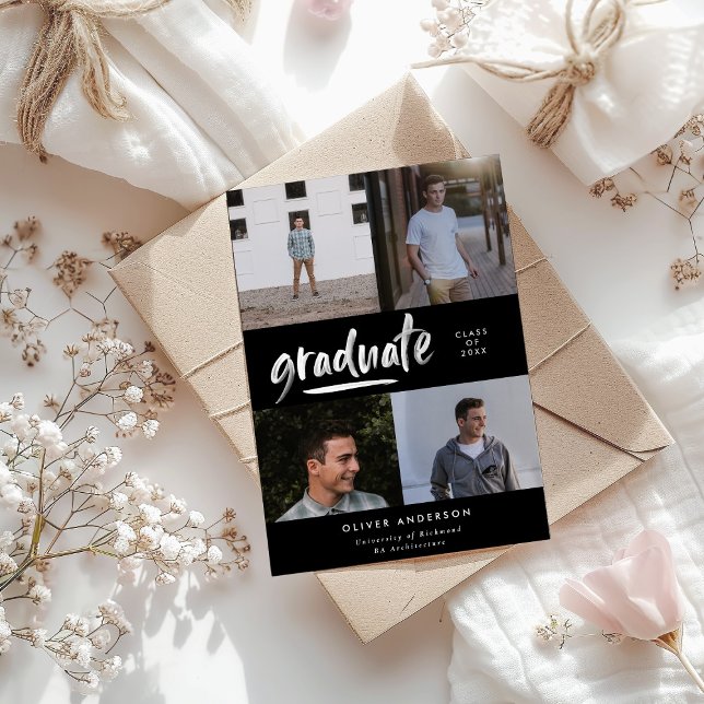 Invitación Guión negro moderno 4 foto graduación elegante (Subido por el creador)